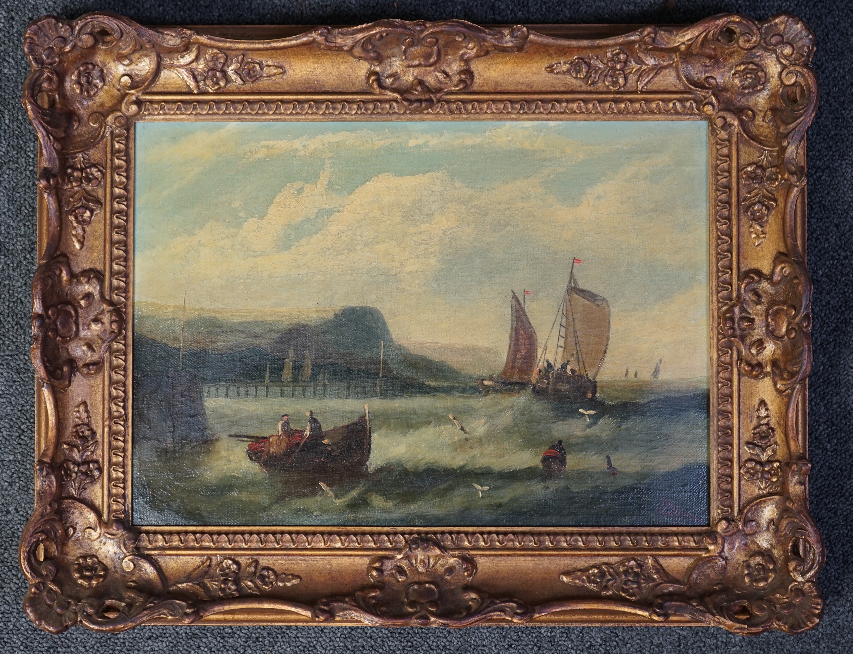 E. Byron, pair of oils on canvas, Fishing boats off the coast, 24 x 34cm. Condition - fair to good, would benefit from a clean